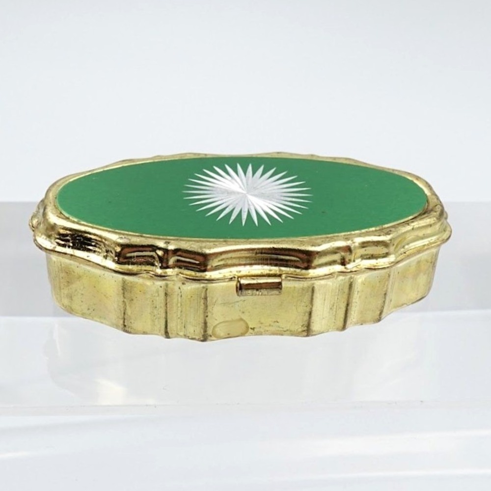 Vintage Green Starburst Pill Box Gold Tone Oval Mirror 2 Compartment MCM Retro